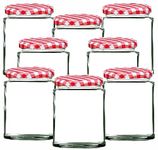 Offer Shop Round Glass Jam Jars with Red Gingham Lids & Adhesive Labels | 190ml / 7oz Glass Jars with Air Tight Twist Lids Reusable Canning Storage Jar for Preserves, Jelly and Herbs - 8 Set