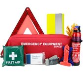 EVAQ8 Advanced Car Safety Kit with Extinguisher and Torch UK Standard Parts Includes Warning Triangle, First aid kit, Emergency Blanket, Safety Hammer, Torch, high Visibility Vest, Carry Bag