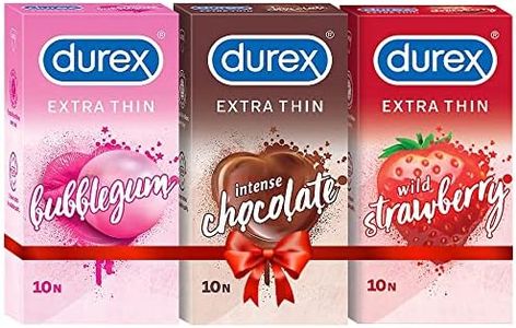 Durex Extra Thin Flavoured Condoms, 10s, Pack of 3 (Bubblegum + Chocolate + Strawberry)