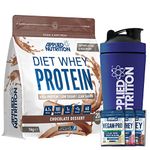 Applied Nutrition Diet Whey 1kg Bundle - Diet Whey High Protein Powder + 5 Sample Bundle + 750ml Steel Protein Shaker | Low Carb & Sugar, Weight Management Shake, 40 Servings (Chocolate Dessert)