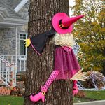 Halloween Decoration Outdoor-53 H Halloween Decor Pink Crashing Witch into Tree, Hanging Witch Yard Decoration, Witch Prop Halloween Party Favors Decor for Front Porch, Door, Tree, Wall