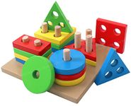 Toyshine Wooden Shapes Square Column Blocks Sorting & Stacking Toys for Kids Toddlers for 1 2 3 Year Old -Multi color