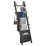 VASAGLE Blanket Ladder for Living Room, 5-Tier Wooden Ladder Shelf, Decorative Farmhouse Towel Rack with Synthetic Leather Bag, Metal Hooks, Side Hooks, for Bedroom, Ink Black ULLS022B01