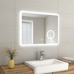 EMKE Led Bathroom Vanity Mirror - Thin Bathroom Wall Mounted Makeup Mirror with Shaver Socket, LED Lights, 3-Fold Magnification, Touch Switch, Demister Pad Waterproof 80x60cm (800 x 600 x 35 mm)