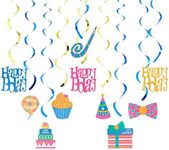 BLUE PANDA 30 Pack Hanging Happy Birthday Swirl Decorations, Party Streamers for Ceiling (35-38 in)