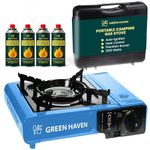 GREEN HAVEN Portable Camping Gas Stove with Carry Case & 4 Butane Gas Canisters – 2100W Table Top Cooker with Piezo Ignition, Adjustable Heat Control & EN417 Compliance