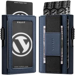 VULKIT Mens Minimalist Wallet for Max. 8 Cards with Pop-Up Credit Card Ejector RFID Blocking, ID Window and Elastic Strap for Bills or Keyring, Gift Box Packed, Blue
