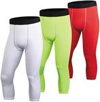 SPVISE 3 Pack Men's 3/4 Compression Pants Athletic Gym Leggings Running Tights Dry Fit Base Layer Workout Underwear Bottoms, Red+white+fluorescent Green, Large