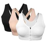 3 Pack Women's Sports Bra Zip Front Non Wired Comfy Post Surgery Bra with Removable Pads (Black+White+Nude, XL:Fit 34D,36B,36C,36D,38A,38B,38C)