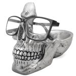 VIPbuy Skull Glasses Holder Stand , Novelty Eyeglass Holder Rack with Storage Tray for Nightstand, Resin Skull Head Statue Sculpture Home Office Desk Decor Gift (Silver)