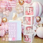 Baby Shower Decorations Boxes for Girls, 30 Party Balloons(pink&white), 4 Transparent Balloon Boxes with 27 Letters, Include BABY+A-Z, Baby Blocks for Baby Shower, Birthday Decorations