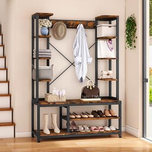 DWVO Coat Rack Shoe Bench, 5-in-1 Entryway Hall Tree with Shoe Storage, Industrial Freestanding Coat Rack Shoe Storage with Two Side Storage Shelves, 7 Hooks, for Hallway, Bedroom, Rustic Brown