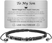 Temoto Mens Beaded Bracelets Morse Code Obsidian Bracelets - To My Son Bracelet Inspirational Gifts for Son Handmade Adjustable Bracelet with Engraved Wallet Card