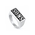 HIJONES Jewellery Mens Stainless Steel Biker Rings, SONS, Vintage, Punk, Silver and Black, Size Z+1