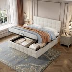 ModernLuxe Upholstered Double Bed, 4FT6 Bed Frame with Hydraulic Lever and Adjustable Button-tufted Headboard, Functional Storage Ottoman Bed, Wooden Slats, Without Mattress, Velvet Beige, 135x190cm