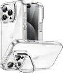 JETech Kickstand Case for iPhone 15 Pro 6.1-Inch, Built-in Camera Ring Stand, Non-Yellowing Shockproof Phone Bumper Cover, Anti-Scratch Clear Back (Clear)