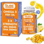 PURE SERVING Premium Triple 3X Strength Omega 3 Fish Oil Capsules- Triglyceride Form Fish Oil Omega 3 Capsule with EPA 550mg & DHA 350mg- Lemon Flavor, Burpless Gym Supplement - 60 Soft Gels