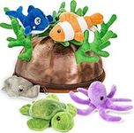 Prextex 5 Piece Set of Plush Soft Stuffed Sea Animals Playset with Plush Coral Reef House for Storage Includes Stuffed Octopus, Turtle, Stingray, Nemo Fish, and Blue Whale