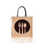 Kuber Industries Grocery Bag | Jute Carry Bag | Reusable Shopping Bag | Lunch Handbag | Zipper Grocery Bag with Handle | Black Spoon Fork Grocery Bag | Brown