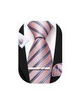 Barry.Wang Men's Pink Blue Stripe Ties Silk Necktie Pocket Square Cufflink Tie Clip Set Formal Wedding