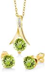 Gem Stone King 18K Yellow Gold Plated Silver Green Peridot Pendant and Earrings Jewelry Set For Women (3.00 Cttw, Round Gemstone Birthstone, with 18 Inch Chain), Sterling Silver, Gemstone, Peridot