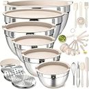 Mixing Bowls with Airtight Lids Set, 26PCS Stainless Steel Khaki Bowls with Grater Attachments, Non-Slip Bottoms & Kitchen Gadgets Set, Size 7, 4, 2.5, 2.0,1.5, 1QT, Great for Mixing & Serving