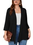 AusLook Women's Plus Size Cardigan Black 3X Lightweight Shrugs Double Ruffled 3/4 Sleeve Casual Open Front Summer Beach Coverup Loose Outwear Jacket Coat