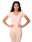 IKAANYA Women's Short Sleeves Cotton Leotard or Bodysuit - Ideal for Ballet, Dance, Gymnastics, Yoga, Performance (Coral Peach, Adult Medium)