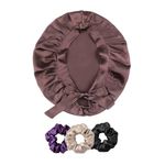 Atrube Silk Hair Bonnet Cap with 3 Premium Silk Satin Scrunchies |Silk Head Cap for Sleeping| Satin Bonnet Curly Hair| Night Cap for Women Size: Standard (Brown)