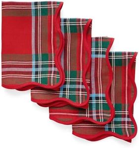 Solino Home Scallop Linen Napkins Set of 4-100% Pure Linen Red Madras Holiday Plaid Dinner Napkins Cloth 20 x 20 Inch - Giselle Scallop Edge, Handcrafted and Machine Washable