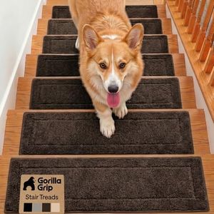 GORILLA GRIP Peel and Stick Stair Treads,15 Pack, for Wooden Steps, Multi-Surface Use, Machine Washable Carpet Runners, Indoor Rugs for Stairs, Pet Friendly, Universal Size, Brown, 8x28 Inches