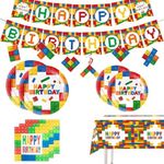 Building Block Party Supplies Paper Plates Napkins Cups Tablecloth Banner for Colorful Building Block Birthday Party Decorations