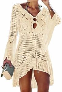 Jinsha Mujer-Vestidos Verano-Ropa Punto-para Pareos-Playeros - Baño Bikini Cover Up Sexy V Cuello Fiesta Crochet Ganchillo Tejido Kaftan Camisola de la Playa Suelto Suave Cómodo Elegantes Mujer(Beige