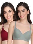 Liigne Women Everyday Padded Bra - Made of Pure Cotton Full Coverage Non Wired Seamless Pushup Soft Cup for T-Shirt Saree Dress Sports Garment for Daily Use Everyday Green-Maroon