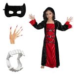 Kaku Fancy Dresses Polyester Scary Halloween Cosplay Red Black Witch Costume Gown With Teeth, Mask & Nail Set For Kids