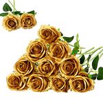 Floralsecret 12 Pcs Artificial Silk Roses Flower Bouquet Faux Flowers Home Wedding Party Decor(Gold)