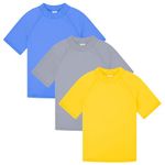 BIG ELEPHANT 3 Pack Kids Short Sleeve Rash Guard Shirt UPF 50+ Protection Swimwear Quick Dry Swim Tee Youth Rashguard, Blue/Gray/Yellow, Small