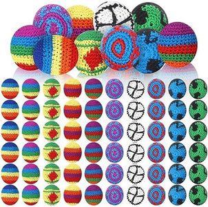 Libima 60 Pcs Multicolored Crochet Assorted Geometric Pattern Hacky Ball Geometric Pattern Woven Kickball, Knitted Kick Balls Kindergarten Toys for Adults Indoor Outdoor Carnival Toys