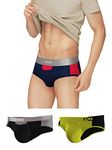 XYXX Men's Underwear Dualist IntelliSoft Antimicrobial Micro Modal Brief Pack of 3 (Black & Steel Grey ; Black Iris & Tango Red ; Lime Punch & Black; M)