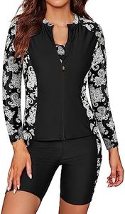 SHEKINI Women's 3 Pieces Long Sleeve Rush Guard Zip Front Athletic Swimsuit Sports Bra with Boyshort Bottoms Tankini Swimwear, Black, XXL