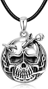 Palpitate Skull Necklace for Men Women Sterling Silver Skull Pendant Necklace Leather Skull Necklace Skull Jewelry Skull Gifts, Sterling Silver, No Gemstone