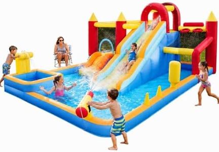 Sunnyfree Inflatable Bounce House with Double Water Slides, 13 in 1 Multi-Play Bounce House w/550W Blower, Splash Pools, Water Cannon, Climbing, Fishing Water Park, Blue