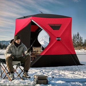 3-Layer Insulated Ice Fishing Tent with 300D Oxford Fabric, 64 sq ft Ice Shanty for 5-6, Pop-up Portable Ice Shelter with 2 Doors and Carrying Bag