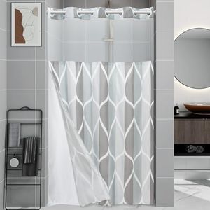 Yiatn No Hook Grey Stall Size Shower Curtain with Snap in Fabric Liner Set - Hotel Style with See Through Mesh Top Window, Modern Geometric Waterdrop Design,Waterproof and Washable, 54x80 INCH