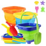 Zooawa Beach Toys Set for Kids, 10 PCS Sandbox Toys with Collapsible Sand Bucket, Shovels Seat and Beach Toys, Outdoor Play Travel Toys for Kids 3-10, Pool Party Supplies Sand Toys, Green+Blue+Orange