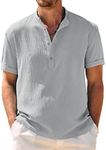 COOFANDY Men Hippie Beach T Shirts Band Collar Henley Shirt Summer Resort Wear Light Grey