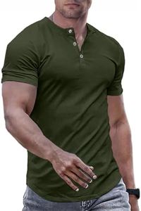 JMIERR Mens Muscle Slim Fit Button Henley Shirts Summer Crewneck Short Sleeve Longline Fitted T-Shirt Gym Workout Athletic Tees Shirt for Man, 5XL, Green2