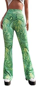 WDIRARA Women's Marble Printed Flare Pants High Waisted Elastic Waist Casual 70s Disco Long Pants Green L