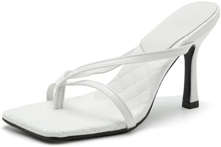 Proptmina Women's Strappy Thong Heeled Sandals Slip On Stiletto Heels Flip Flops Square Open Toe T Strap High Heel Sandals Slide Summer Dressy Sandals (White,8)