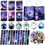 Abbylike 48 Pcs Galaxy Wolf Party Favors, Christmas Gifts Wolf Paper Bags, Wolf Mini Notebooks, Wolf Keychains, Wolf Slap Bracelets, Wolf Stickers for Wolf Themed Birthday Party Baby Shower Holiday